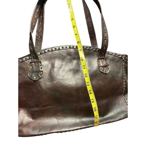 Leather Tote Shoulder Bag Large Purse Dark Brown Leather Cord Stitching Accents - Picture 7 of 11